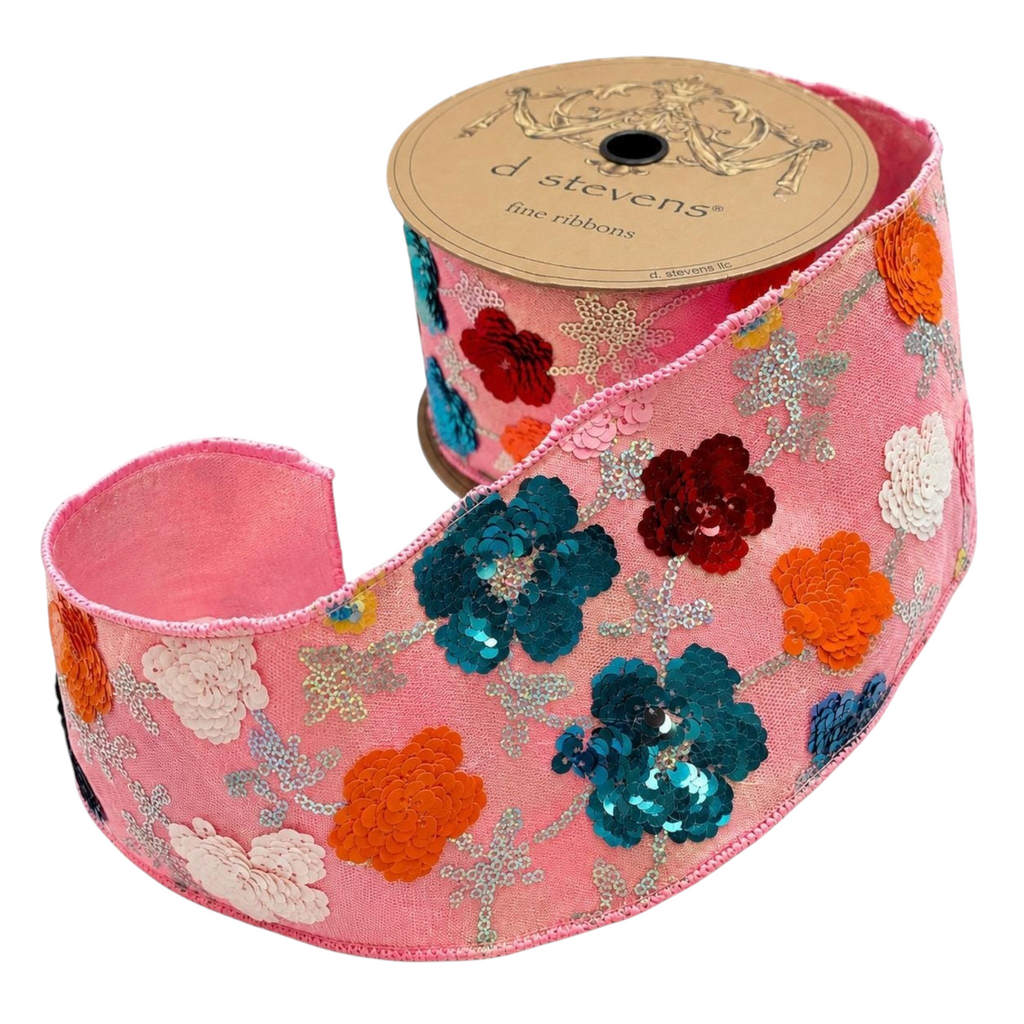 The Matthew John Collective D Stevens blush pink wired ribbon featuring dimensional metallic sequin floral patterns.