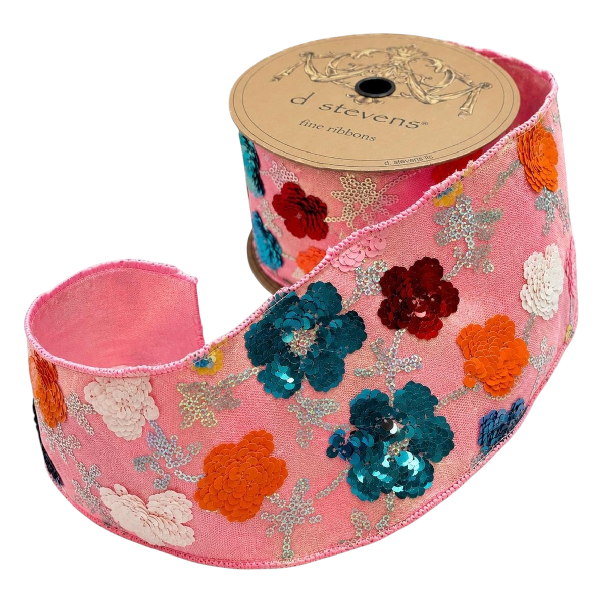 The Matthew John Collective D Stevens blush pink wired ribbon featuring dimensional metallic sequin floral patterns.