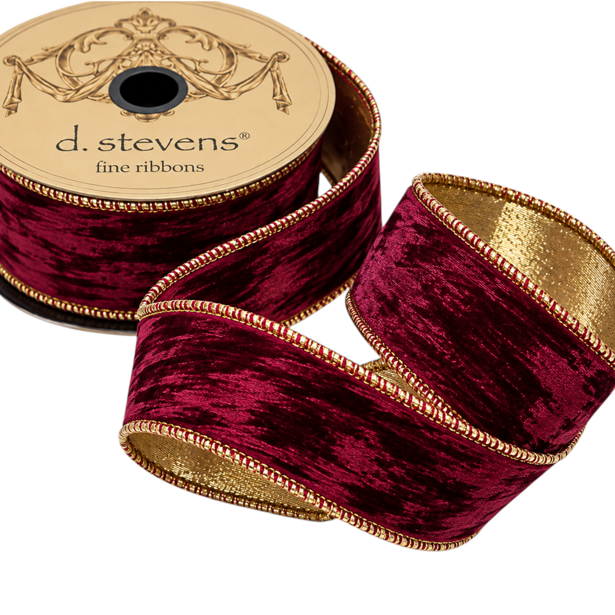 The Matthew John Collective D. Stevens burgundy marbled velvet ribbon with metallic gold lamé backing and gold trim.