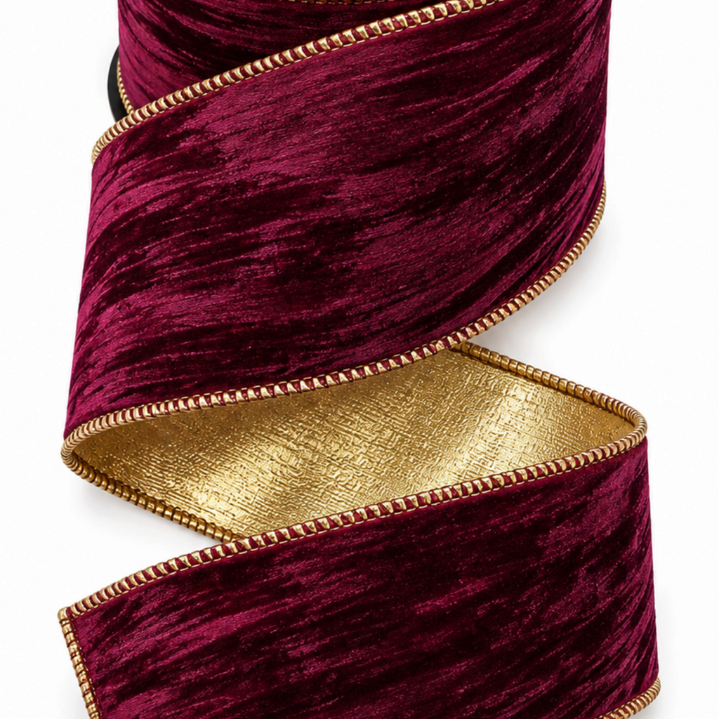 The Matthew John Collective burgundy marble velvet ribbon with metallic gold reverse and decorative gold trim edges.