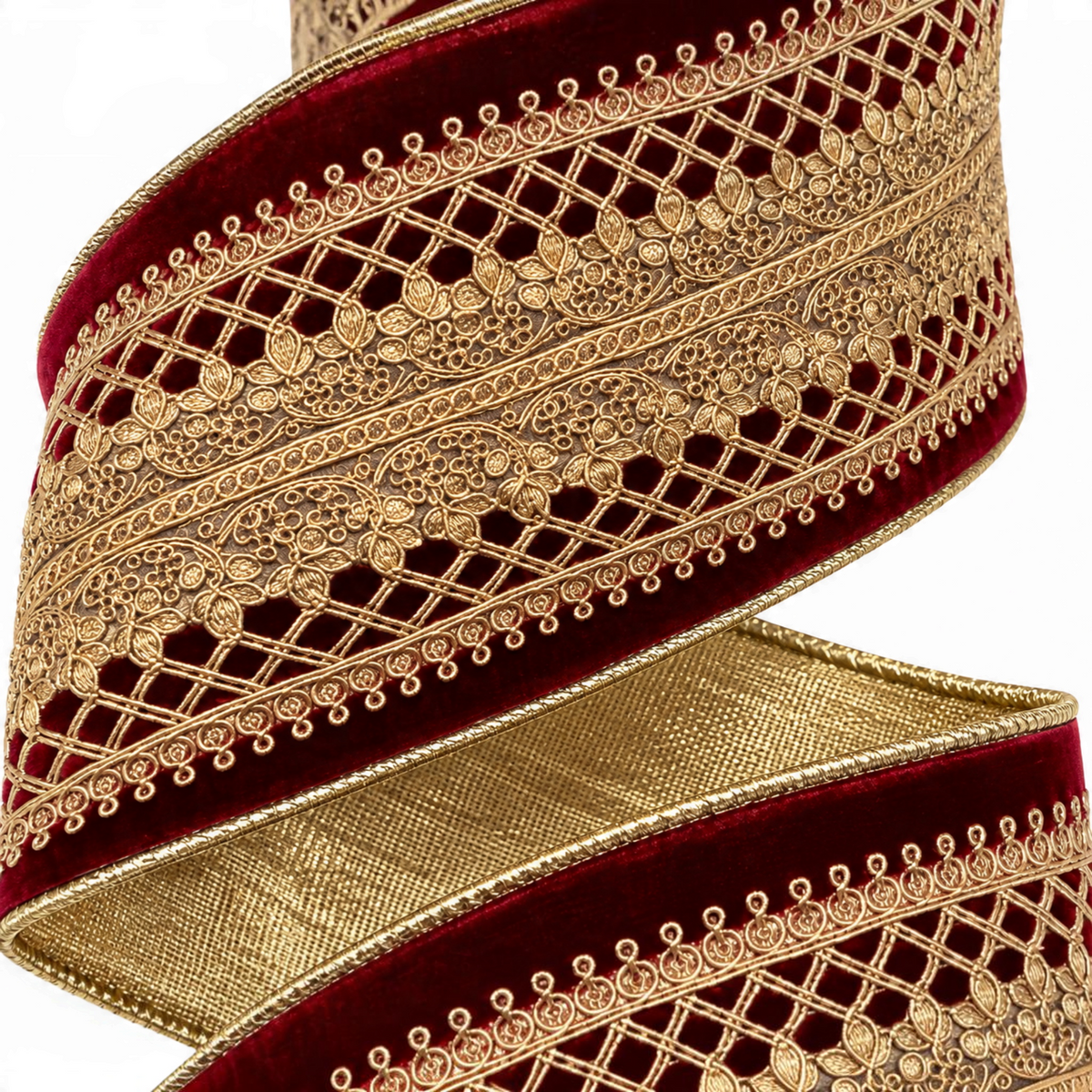 The Matthew John Collective D. Stevens burgundy velvet ribbon with ornate gold Baroness lace trim and metallic reverse.