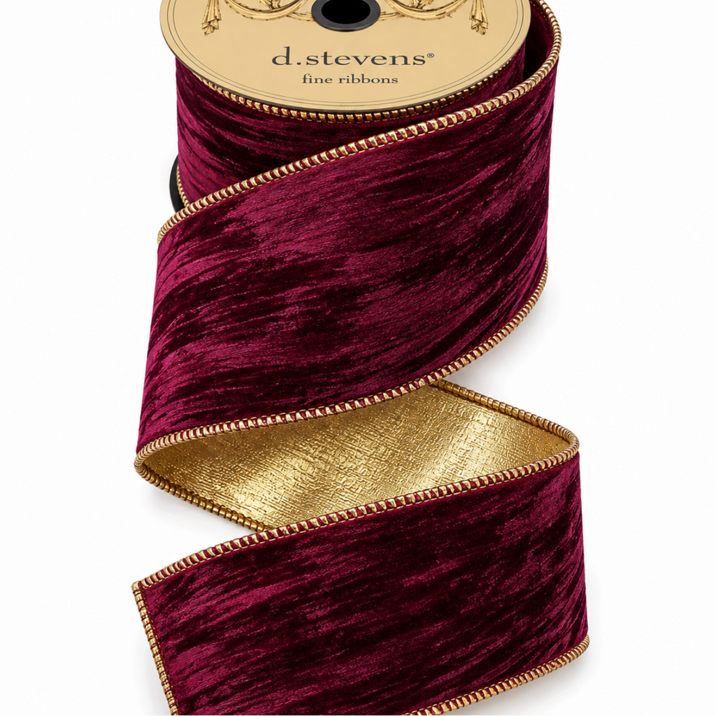 The Matthew John Collective D. Stevens burgundy marble velvet ribbon with a metallic gold reverse and gold trim.