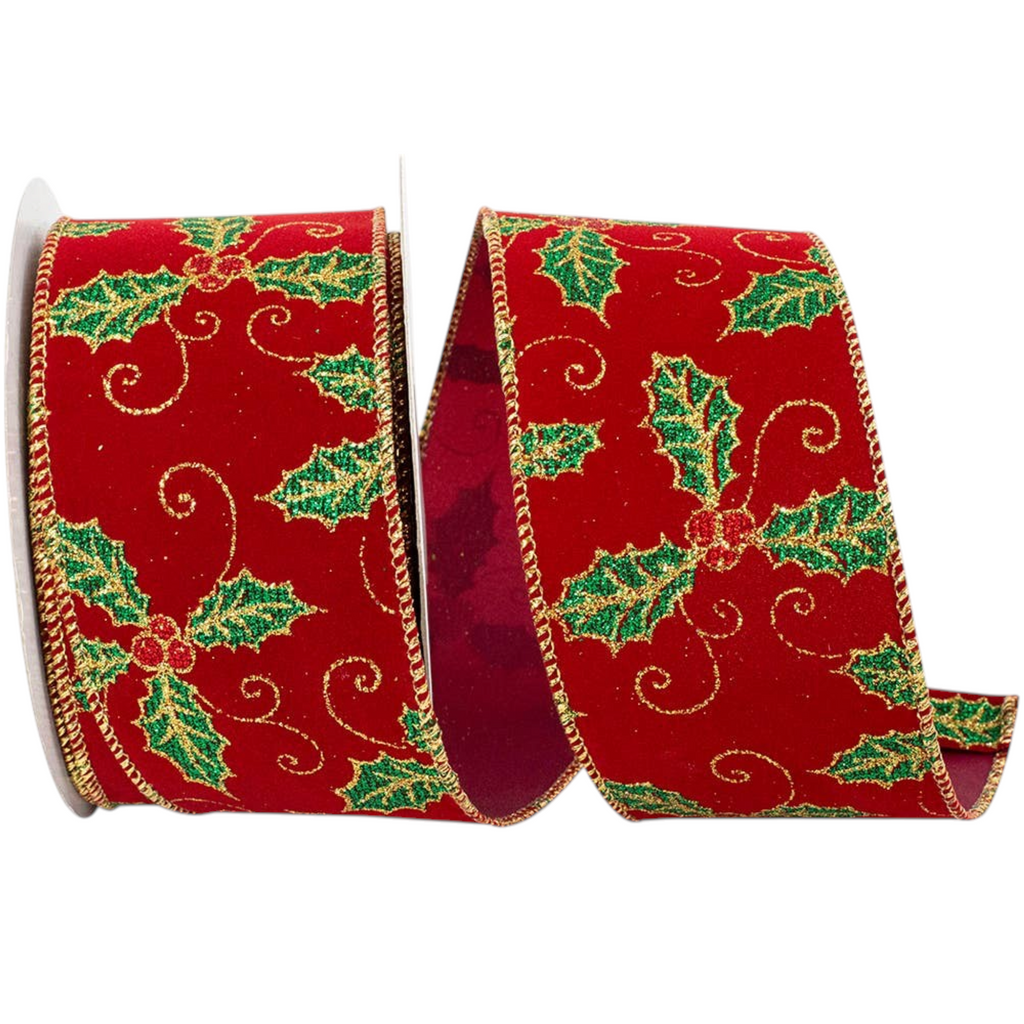 The Matthew John Collective burgundy velvet Christmas ribbon with a glittery green and gold holly leaf pattern.
