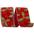 The Matthew John Collective burgundy velvet Christmas ribbon with a glittery green and gold holly leaf pattern.