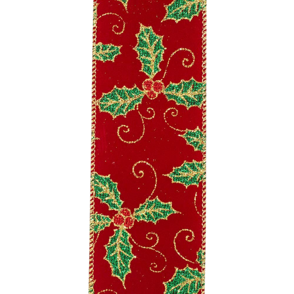 The Matthew John Collective burgundy velvet Christmas ribbon with a glittery green holly pattern and wired edges.
