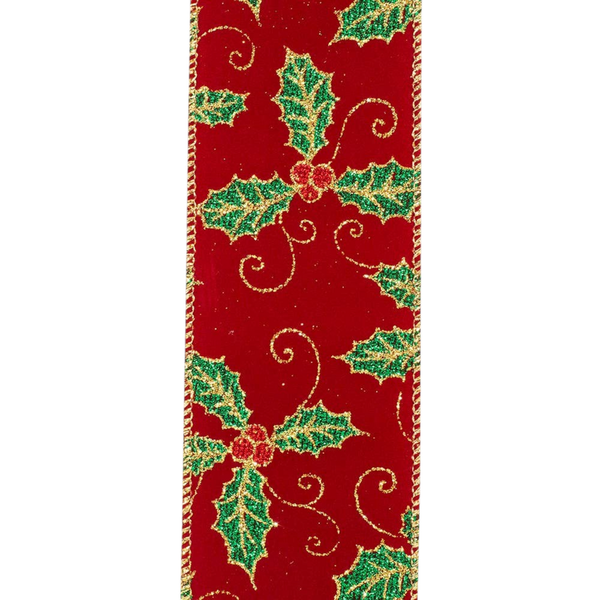 The Matthew John Collective burgundy velvet Christmas ribbon with a glittery green holly pattern and wired edges.