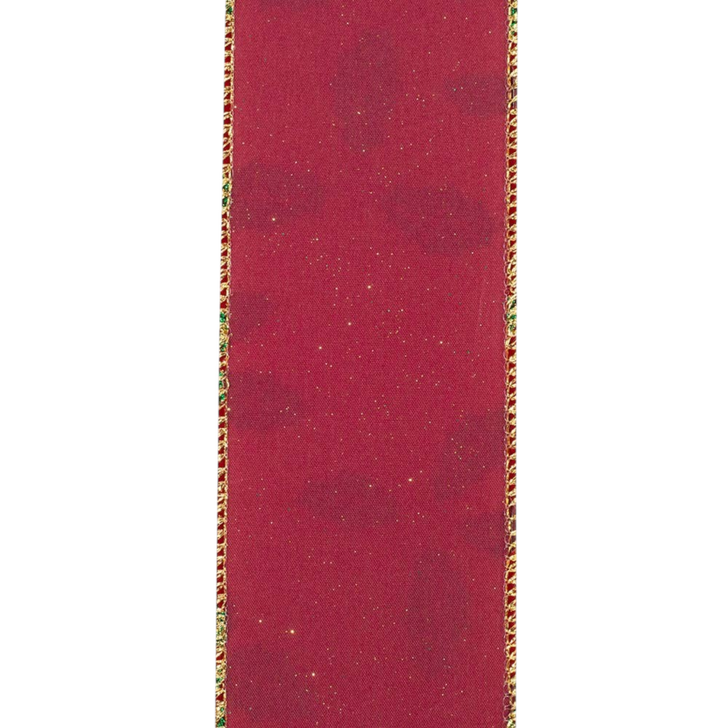 The Matthew John Collective burgundy velvet Christmas ribbon with glitter holly pattern and wired edges, 2.5 inches wide.