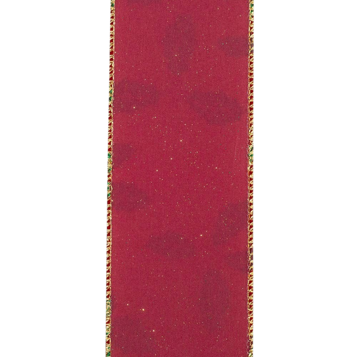 The Matthew John Collective burgundy velvet Christmas ribbon with glitter holly pattern and wired edges, 2.5 inches wide.