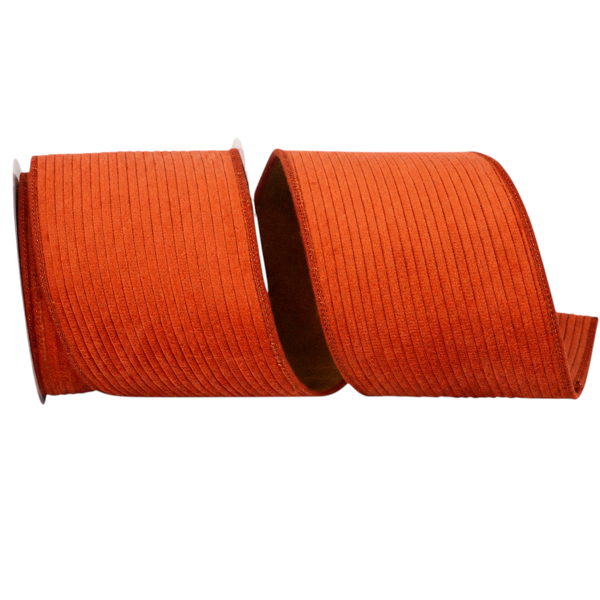 The Matthew John Collective burnt sienna corduroy wired ribbon with a mesh backing for autumn wreaths and decor.