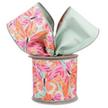 The Matthew John Collective 4-inch dupioni ribbon with orange and pink butterflies on a celadon green background.