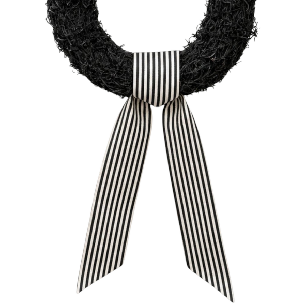 The Matthew John Collective D Stevens canvas wreath sash with black and cream ticking stripes tied on a black wreath.