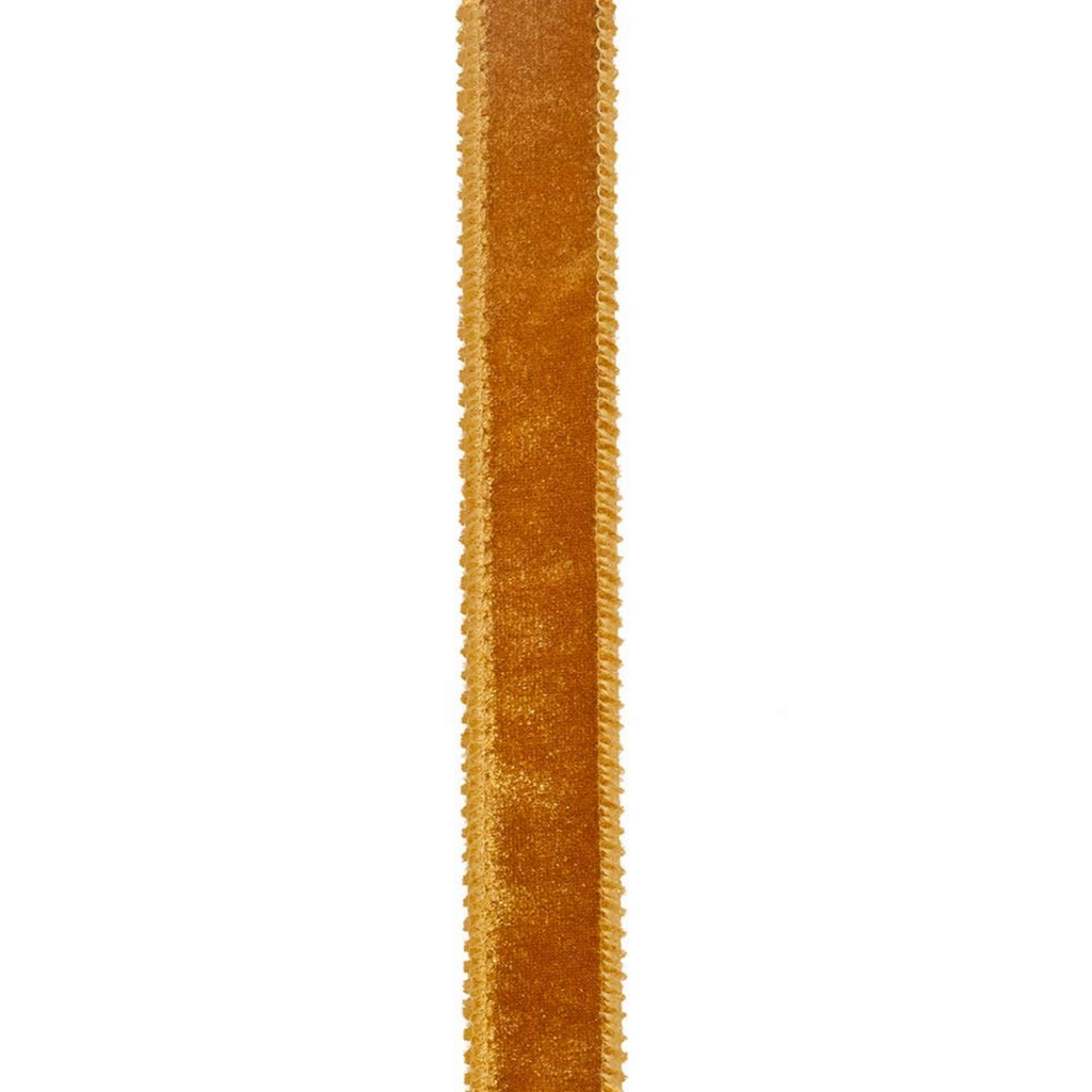 The Matthew John Collective 1-inch caramel brown plush velvet wired ribbon for luxury bows and seasonal decor.