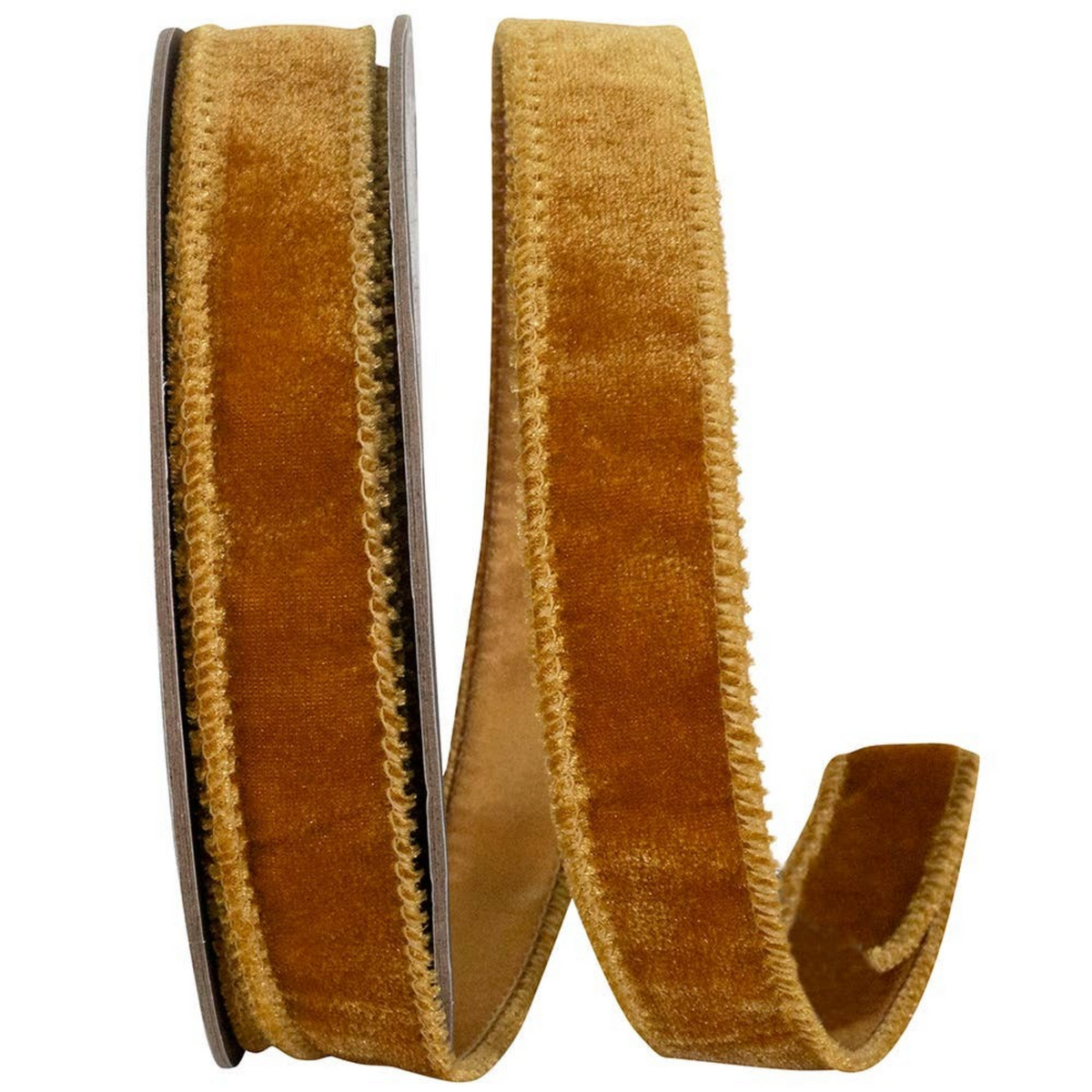 The Matthew John Collective caramel brown plush velvet wired ribbon on a spool for crafting and holiday decorating.