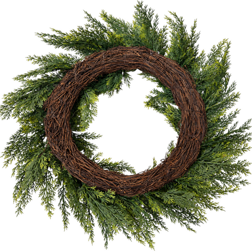 The Matthew John Collective 18-inch artificial cedar greenery wreath with feathery foliage on a rustic grapevine base.