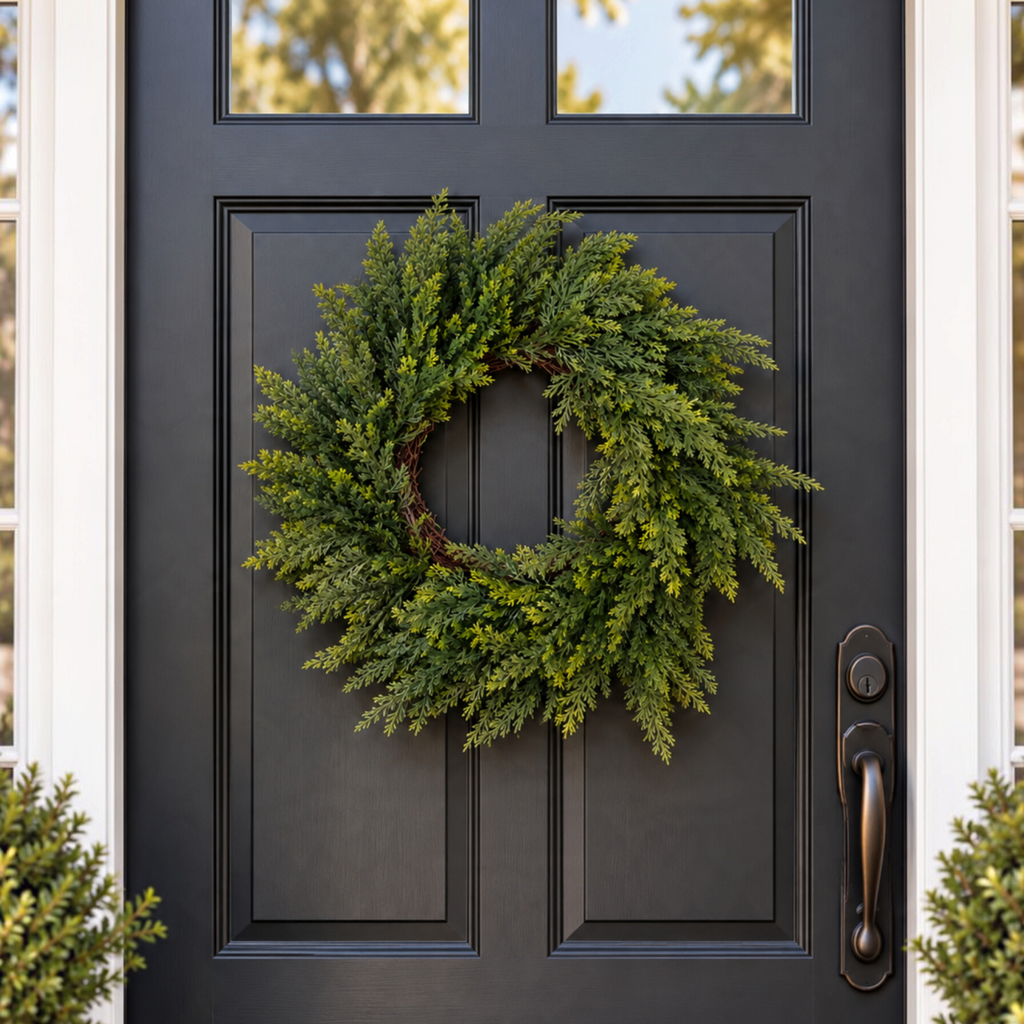 The Matthew John Collective 18-inch artificial cedar greenery wreath with a rustic grapevine base on a black door.