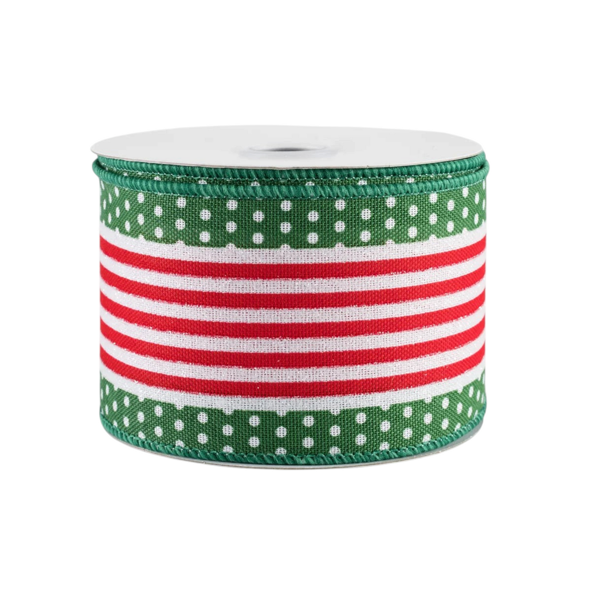 The Matthew John Collective wired Christmas ribbon with red and white stripes and emerald green polka dot borders.