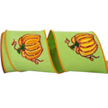 The Matthew John Collective 4-inch citrus green wired ribbon featuring shimmering sequined pumpkin designs and orange trim
