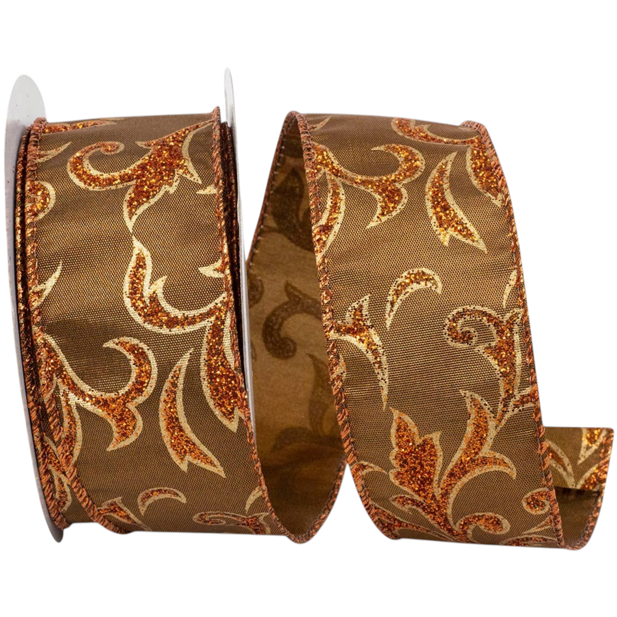 The Matthew John Collective copper wired ribbon with glittered scrollwork pattern for autumn decor and gift wrapping.