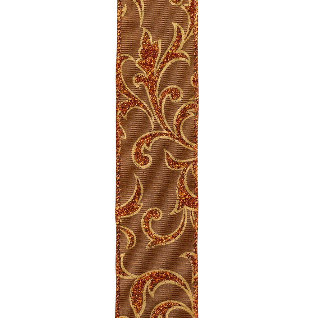 The Matthew John Collective 1.5 inch copper wired ribbon with intricate glittered scrollwork for autumn decor