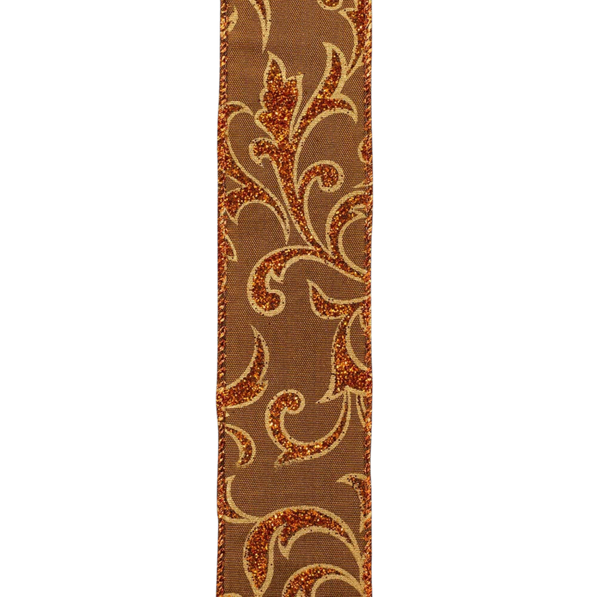 The Matthew John Collective 1.5 inch copper wired ribbon with intricate glittered scrollwork for autumn decor