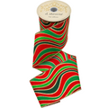 The Matthew John Collective D. Stevens 4-inch poplin Christmas ribbon with red, green, and metallic gold wave pattern.