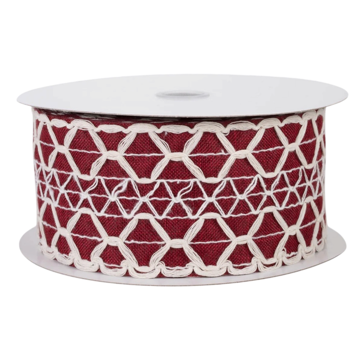 The Matthew John Collective dark red linen ribbon with ivory scalloped weave pattern and wired edges on a spool.