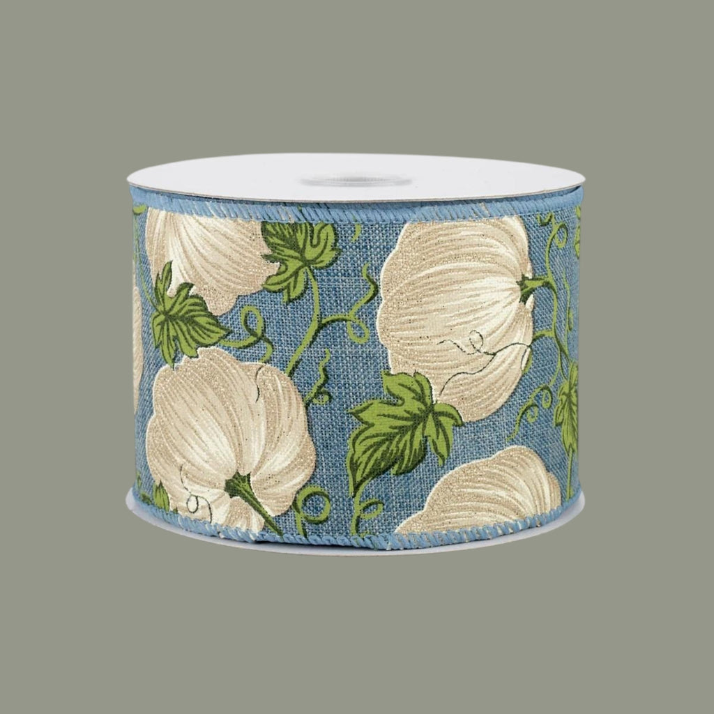 The Matthew John Collective wired denim ribbon featuring ivory pumpkins and green vines on a blue background