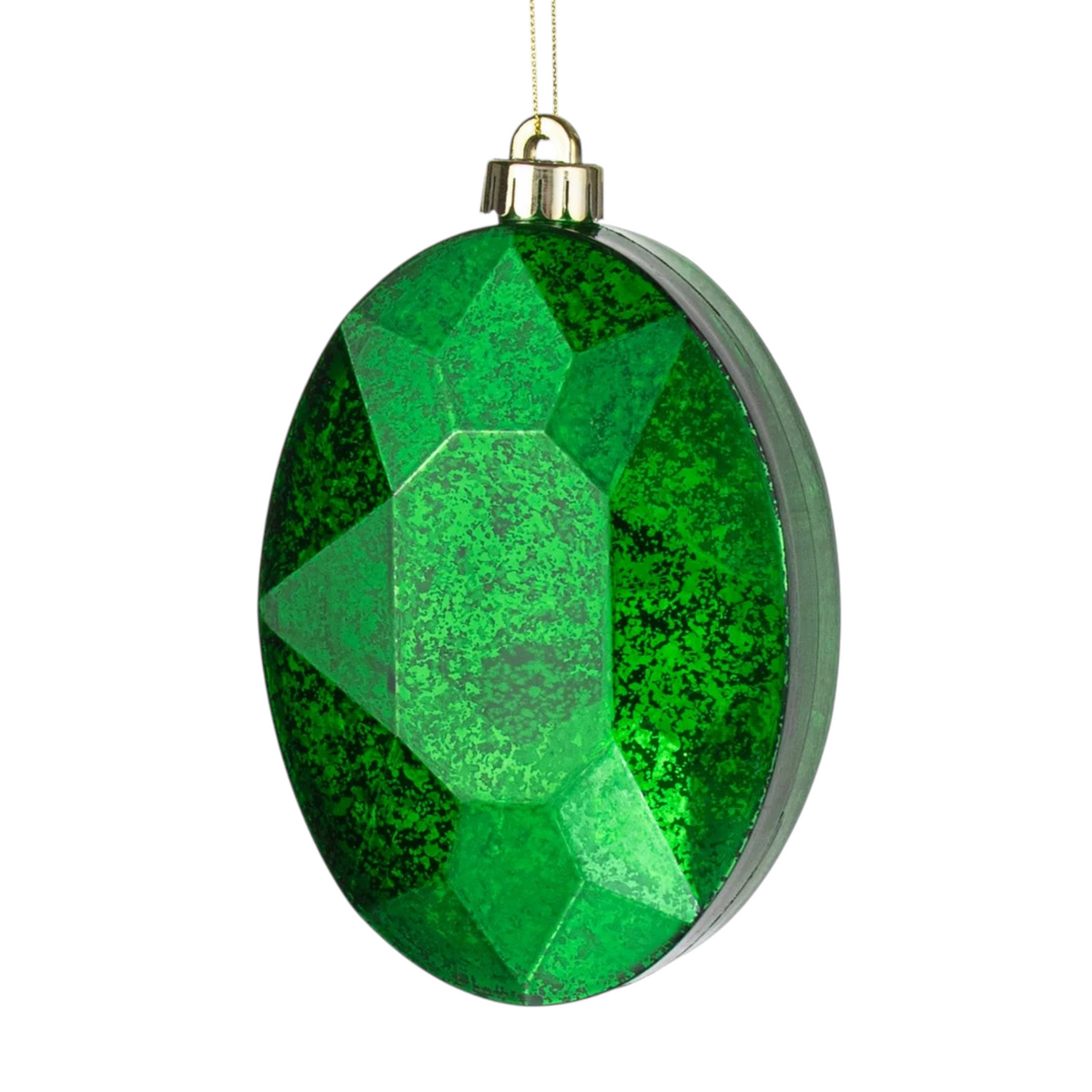 The Matthew John Collective emerald green oval gem ornament with a faceted mercury glass finish and gold cap.
