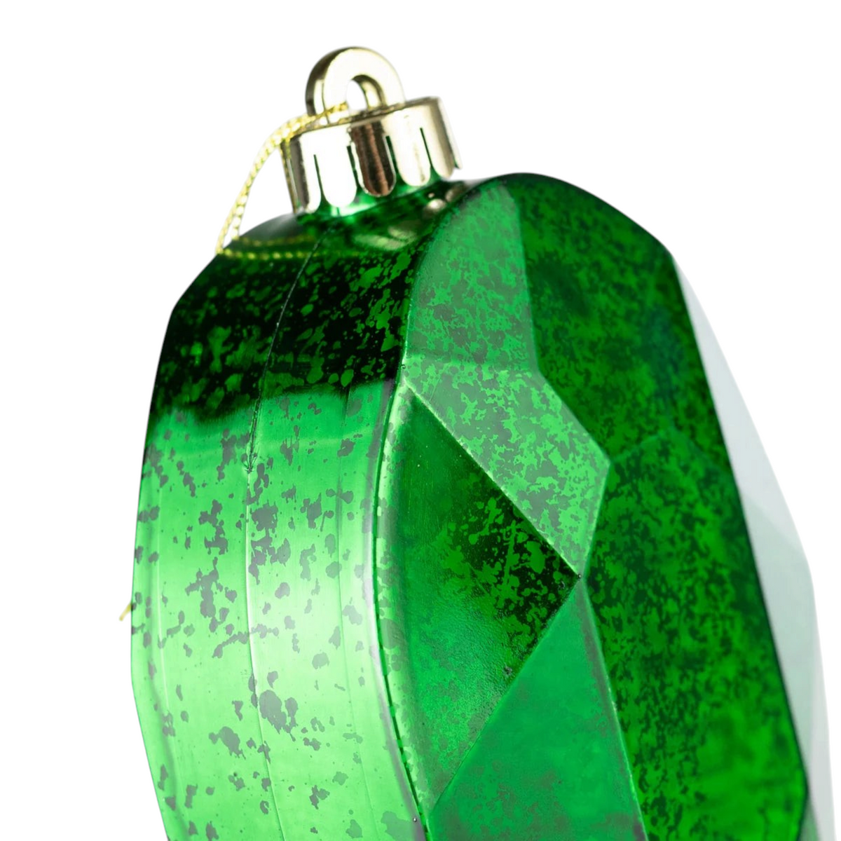 The Matthew John Collective emerald green oval gem ornament with a vintage mercury glass finish and gold cap.