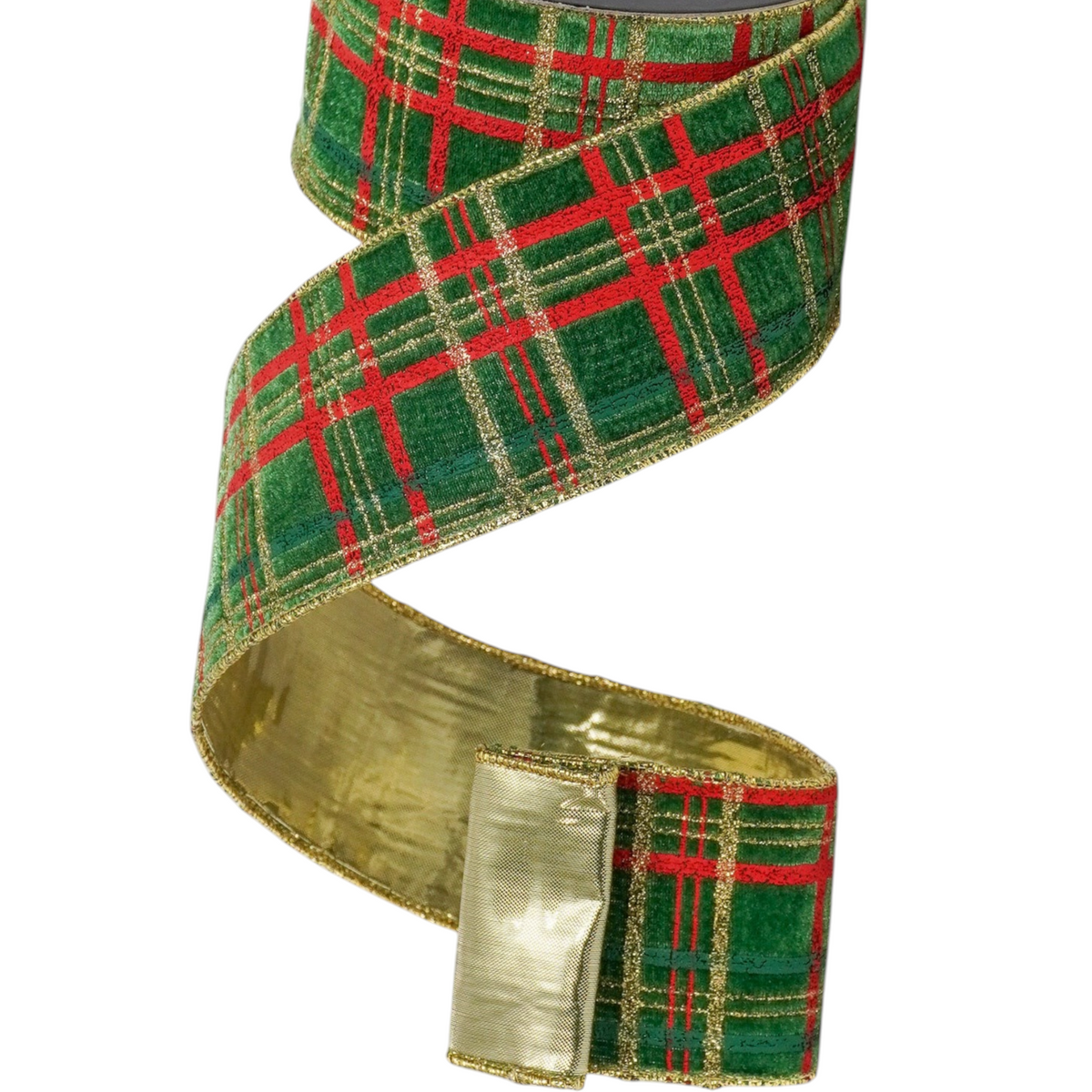 The Matthew John Collective Farrisilk emerald green vintage plaid holiday ribbon with red stripes and gold metallic trim