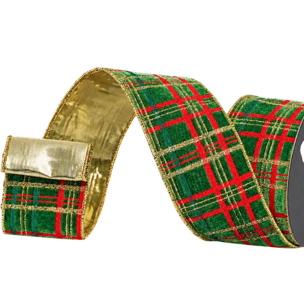 The Matthew John Collective emerald green and red plaid holiday ribbon with gold metallic threading and wired edges.