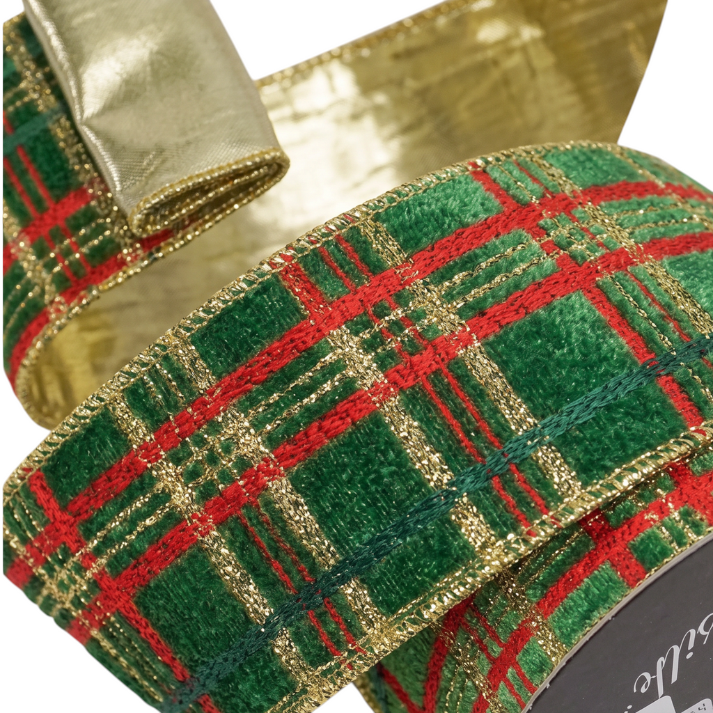 The Matthew John Collective emerald green plaid holiday ribbon with red stripes and gold metallic wired edges.