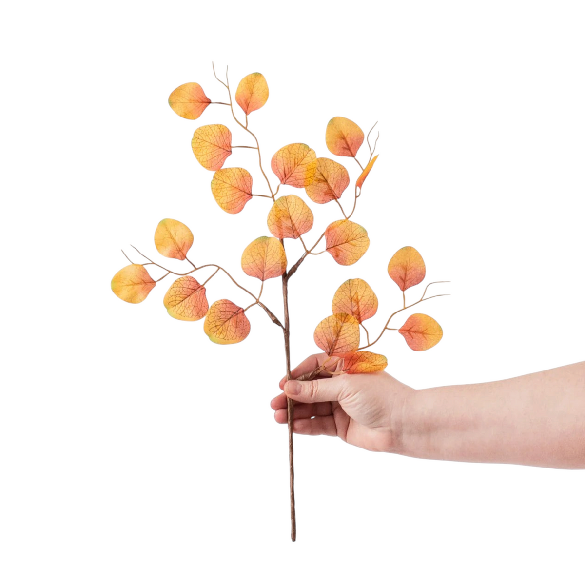 The Matthew John Collective 18-inch artificial silver dollar eucalyptus spray with rust orange and green silk leaves.