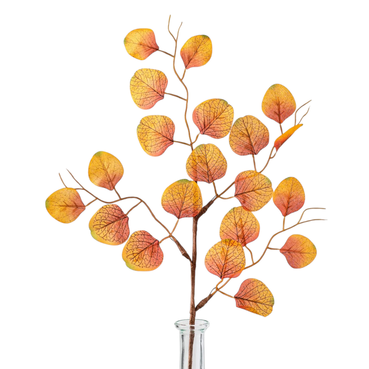 The Matthew John Collective 18-inch artificial silver dollar eucalyptus spray with rust, orange, and green silk leaves.