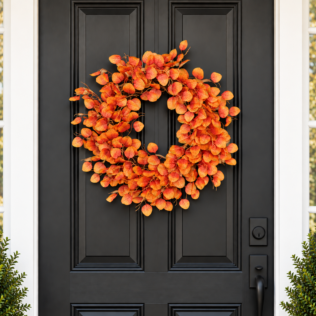 The Matthew John Collective 24-inch fall wreath with orange and red silk silver dollar eucalyptus on a twig base.