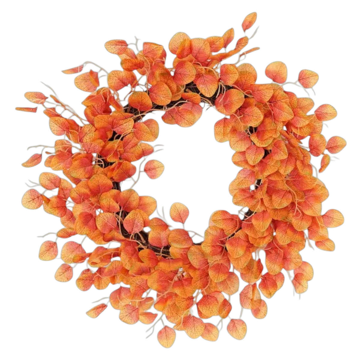 The Matthew John Collective 24-inch fall wreath with orange and red silk-screen silver dollar eucalyptus on a twig base