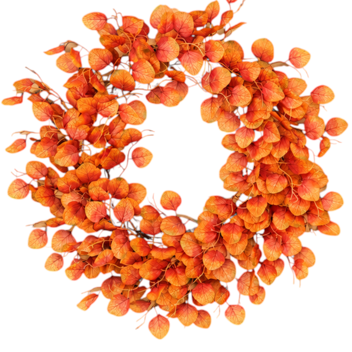 The Matthew John Collective 24-inch fall wreath featuring orange silver dollar eucalyptus leaves on a twig base.