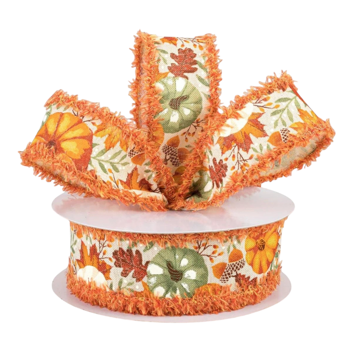 The Matthew John Collective fall foliage ribbon with orange fuzzy edges, pumpkins, and leaves on a spool.