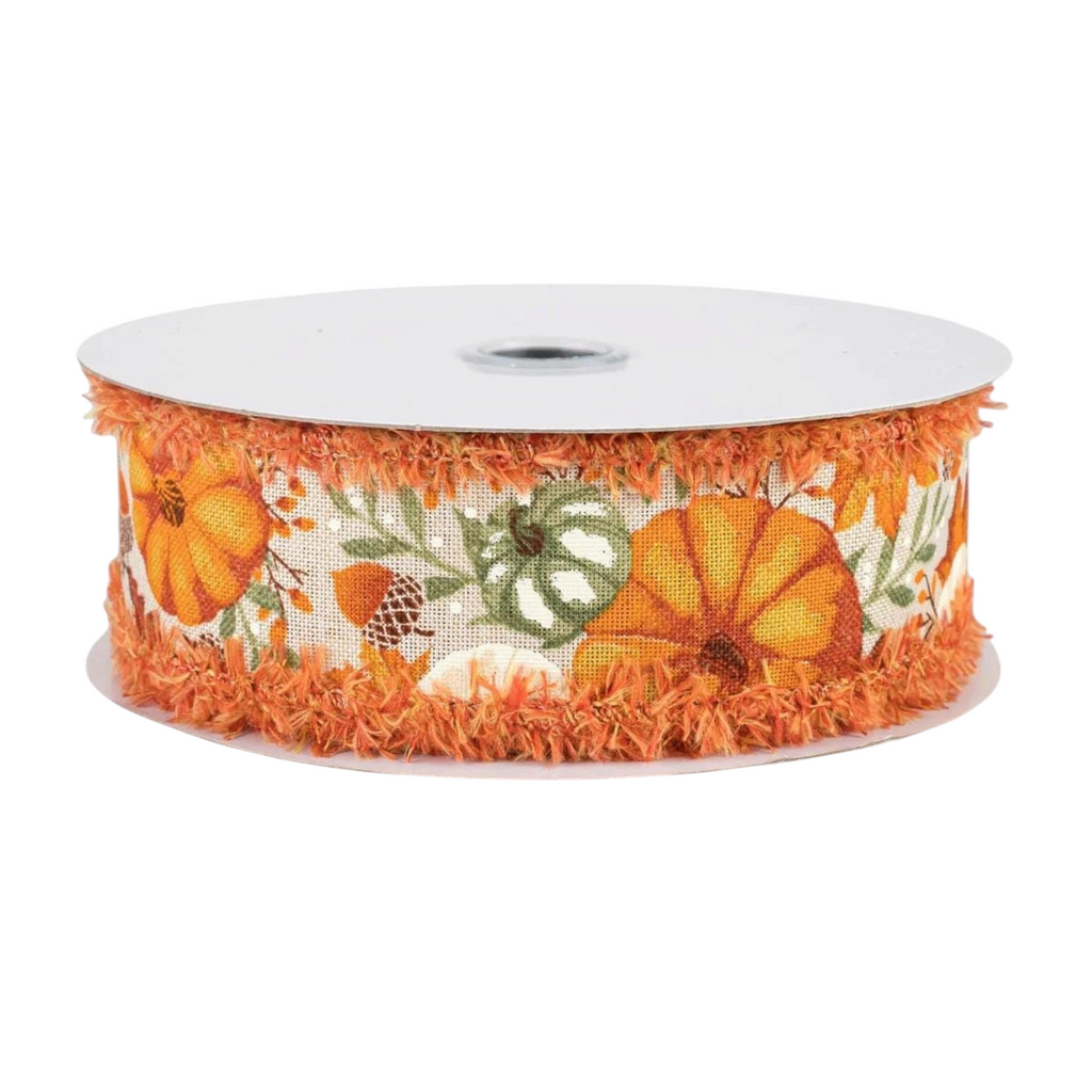 The Matthew John Collective orange and sage fall foliage ribbon with fuzzy edges on a spool for autumn decor
