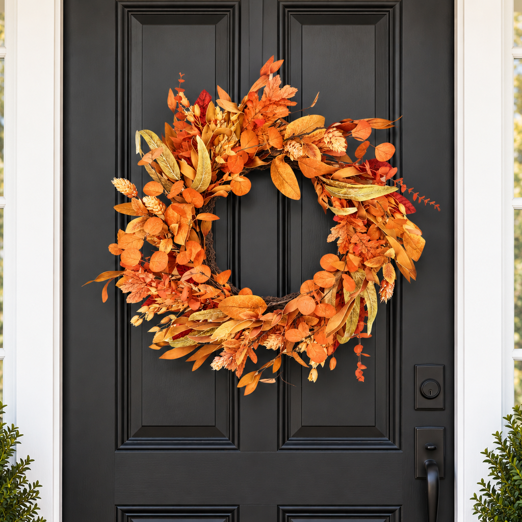 The Matthew John Collective 21-inch round fall garden wreath with mixed autumn foliage on a black front door.