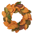 The Matthew John Collective 22-inch fall magnolia leaf wreath with variegated olive, orange, and burgundy foliage.