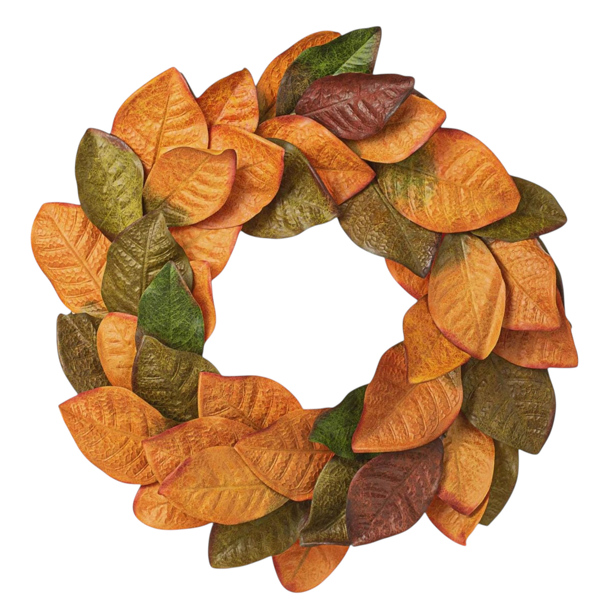 The Matthew John Collective 22-inch fall magnolia leaf wreath with variegated olive, orange, and burgundy foliage.
