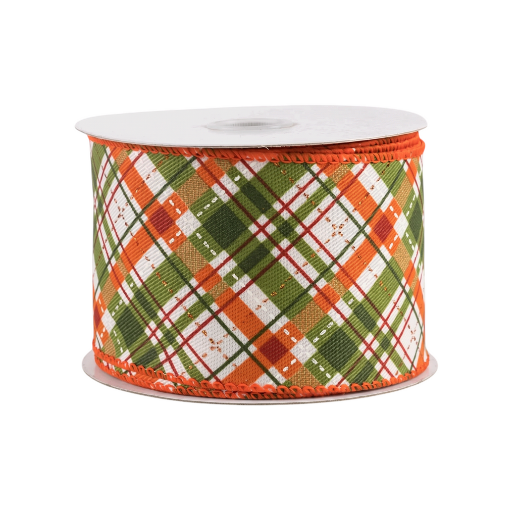 The Matthew John Collective fall plaid wired ribbon in olive green, rust orange, and metallic gold glitter canvas.