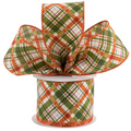 The Matthew John Collective 2.5-inch wired fall plaid ribbon in olive green, rust orange, and metallic gold glitter.