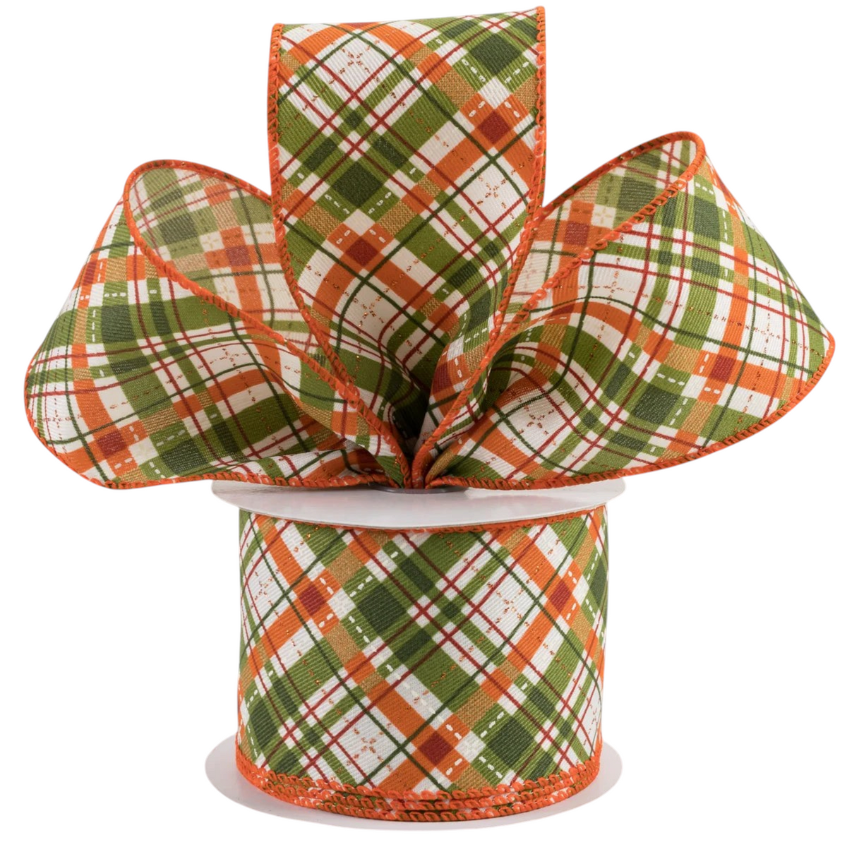 The Matthew John Collective 2.5-inch wired fall plaid ribbon in olive green, rust orange, and metallic gold glitter.