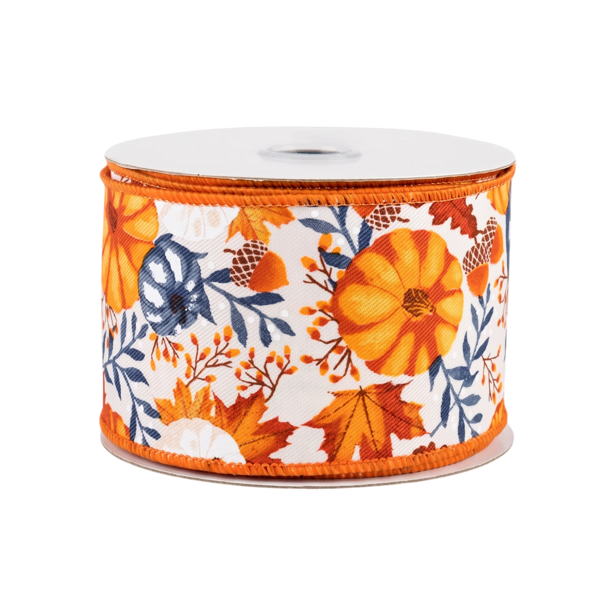 The Matthew John Collective 2.5 inch wired ribbon featuring orange pumpkins, fall foliage, and acorns on ivory fabric.
