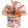 The Matthew John Collective 2.5-inch wired ribbon featuring ivory, mustard, orange, and navy pumpkins and fall foliage.