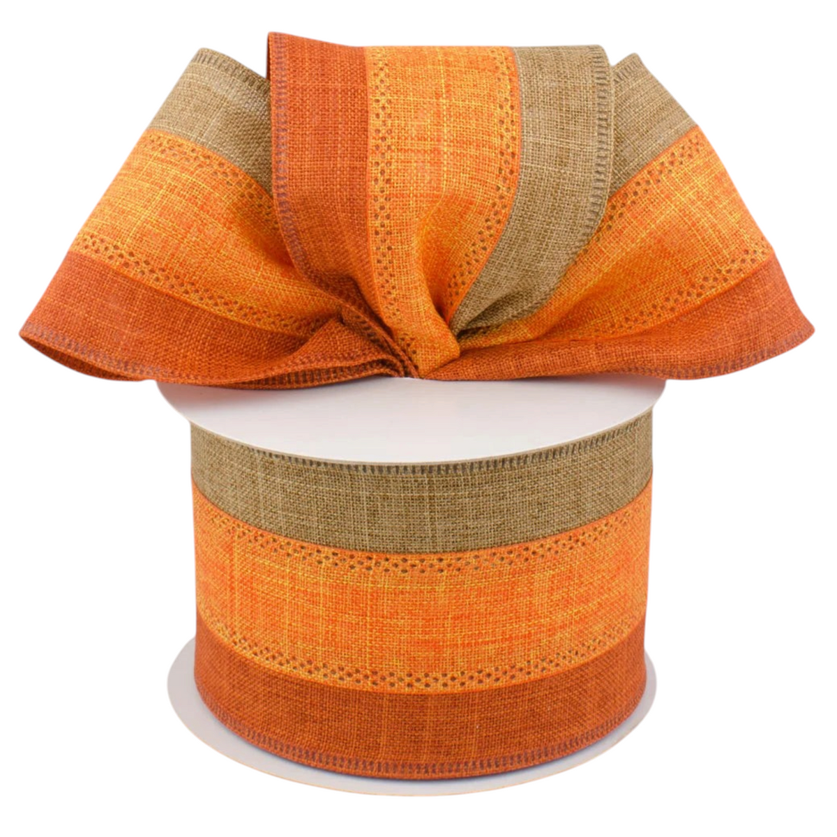 The Matthew John Collective tricolor striped fall ribbon in orange, rust, and tan with a textured burlap-style finish.