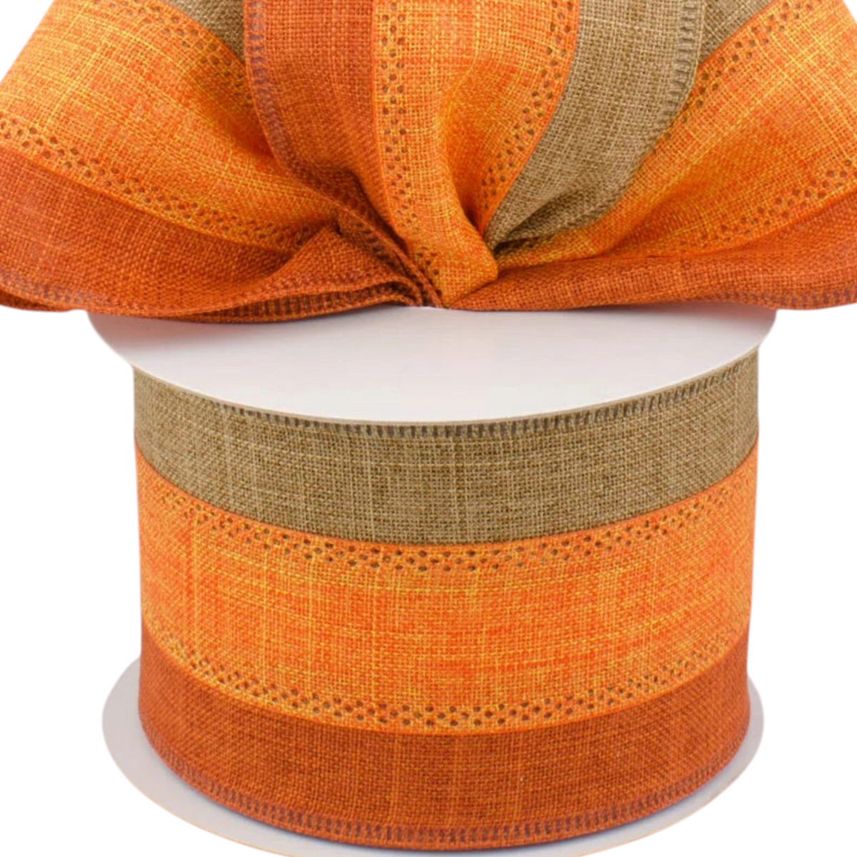 The Matthew John Collective tricolor striped fall ribbon in orange, rust, and tan with a textured burlap-style finish.