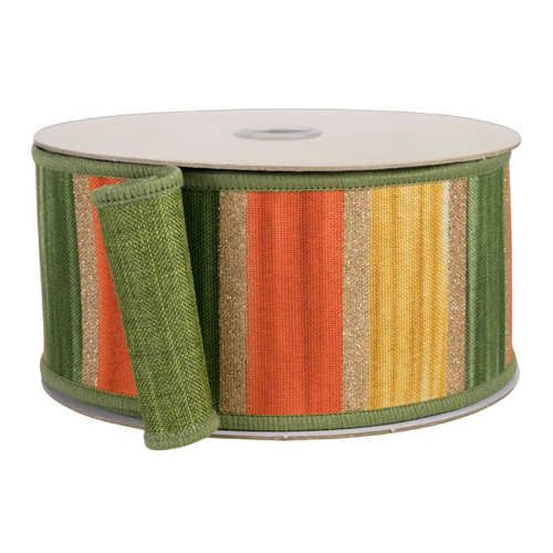 The Matthew John Collective fall wired ribbon with moss, orange, and mustard stripes and gold glitter accents.